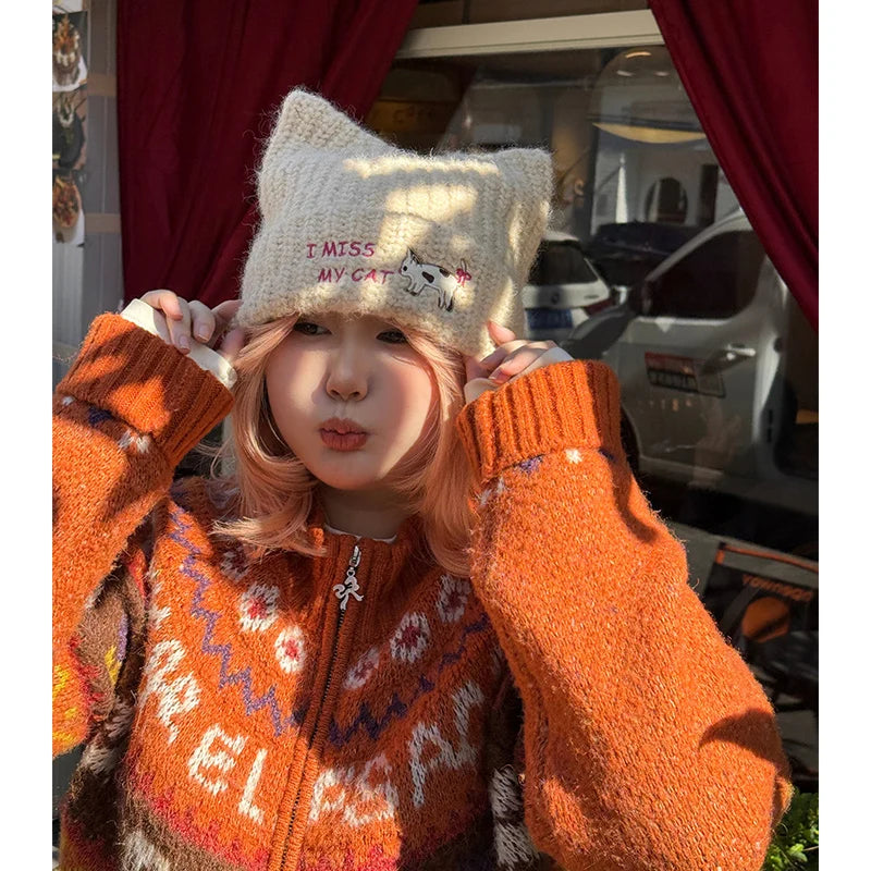Y2K Cute Solid Kitten Embroidery Cat Ear Beanie For Women