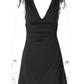 Women V Neck Tie Shoulder Sleeveless Mini Dress Ruched Bodycon Low Back Slim Fit Flared Hem Dress Club Party Dress
