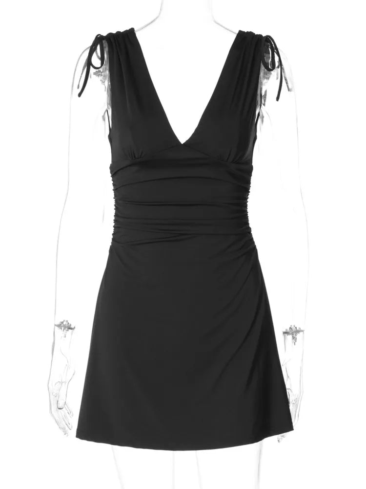 Women V Neck Tie Shoulder Sleeveless Mini Dress Ruched Bodycon Low Back Slim Fit Flared Hem Dress Club Party Dress