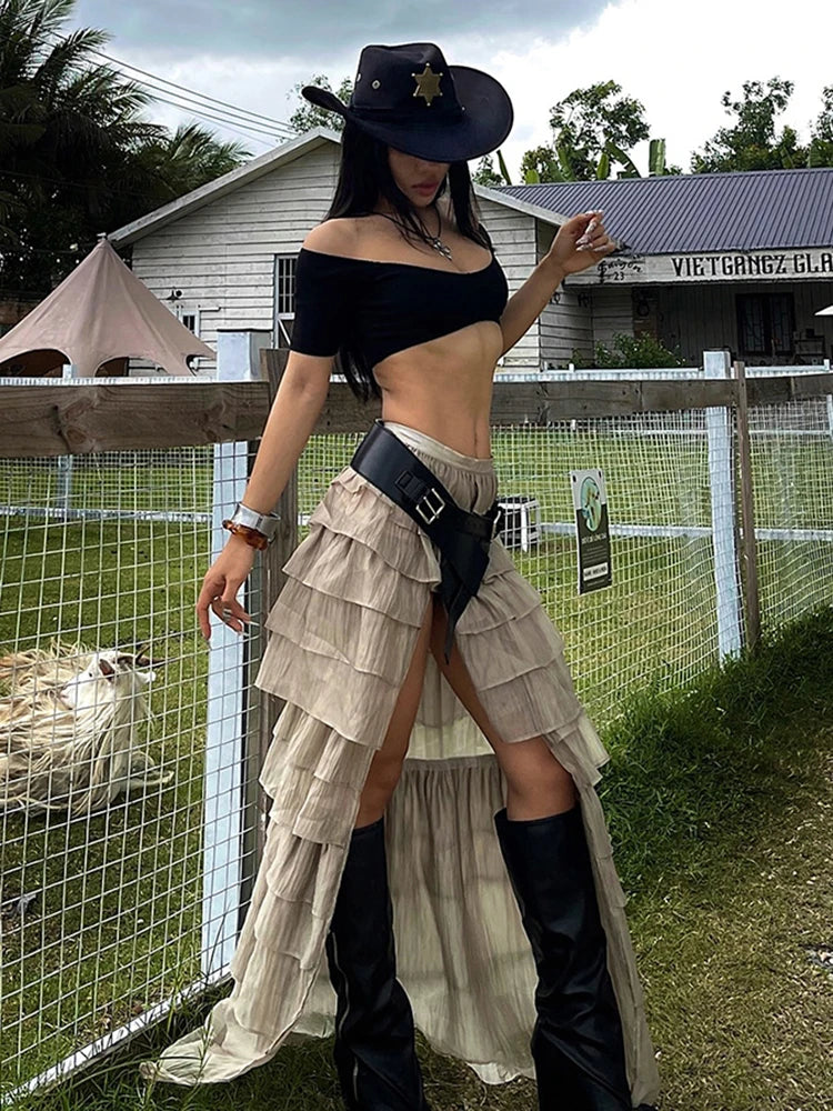 Y2K Tierred Skirts Women Split Patchwork Skinny Hottie Sexy Midnight Music Festival Street Trend Chic Long Bottoms