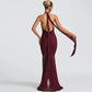 See Through Mesh Patchwork Sexy Party Dresses Burgundy Black Deep V Neck Backless Fishtail Maxi Dress