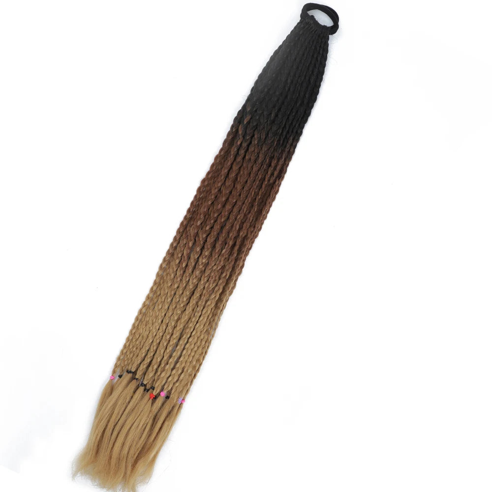 Synthetic 24inch Girls Colored Box Braided Ponytail With Elastic Rubber Band Hair Extensions Rainbow Color Box Pigtail Hairpiece