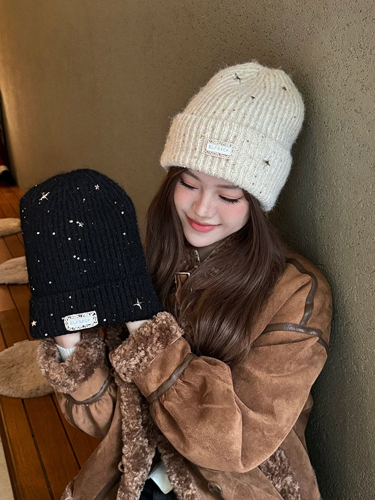 Y2K Sweet Star Sequin Warm Solid Knit Beanie For Women