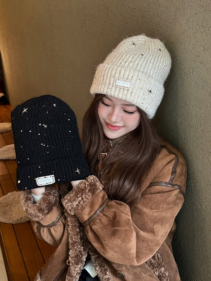 Y2K Sweet Star Sequin Warm Solid Knit Beanie For Women