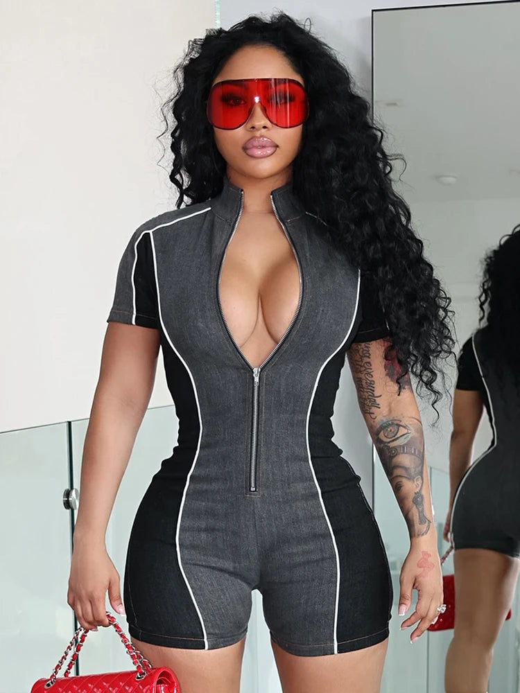 Zip Playsuits Women Skinny Stretch Patchwork Sporty Summer Trend Street Simple Classic Daily Sexy Midnight Rompers