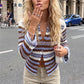 Women Round Neck Striped Ribbed Knit Sweater Flare Sleeve Button Front Slim Fit Cropped Cardigan Street Casual Outerwear