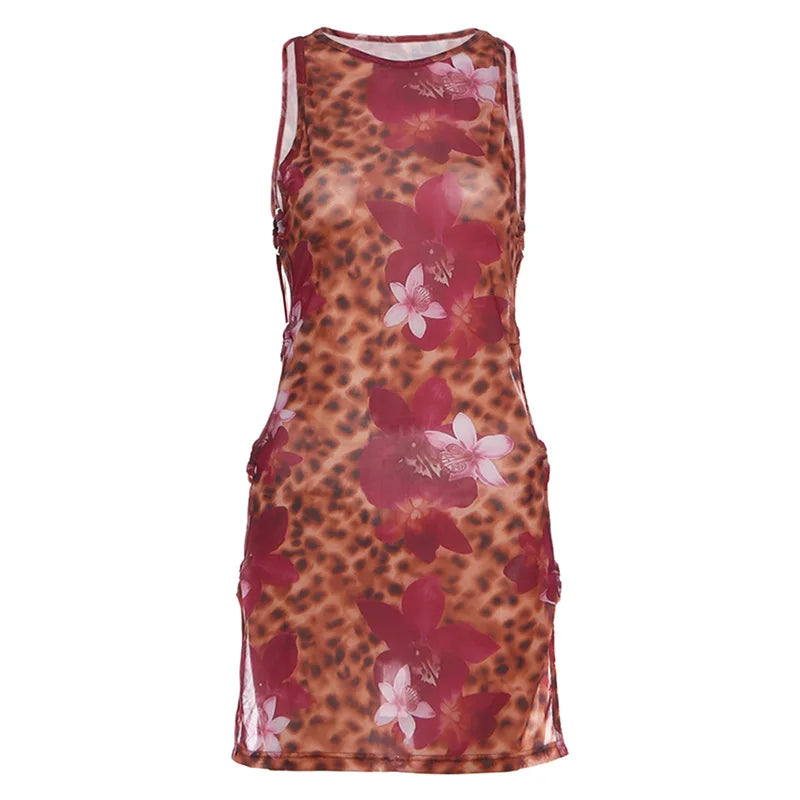 Leopard Floral Print Mesh Sheer Hollow Out Mini Dress Vacation Beach Outfits Women Sexy Summer Dresses