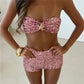 Women Sequin 2 Piece Outfit Sparkly Sexy Bodycon Sleeveless Halter Crop Top Split Mini Skirt Set Going Out Club Suit