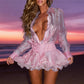 Sexy Mesh See Through Solid Mini Dress Women Hipster Lapel Single Breasted Full Sleeve Tiered Dresses Party Clubwear