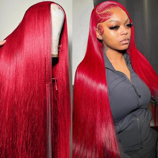 30 40 Inch 200% Hot Red Straight 13x6 13x4 HD Lace Frontal Human Hair Wig For Women