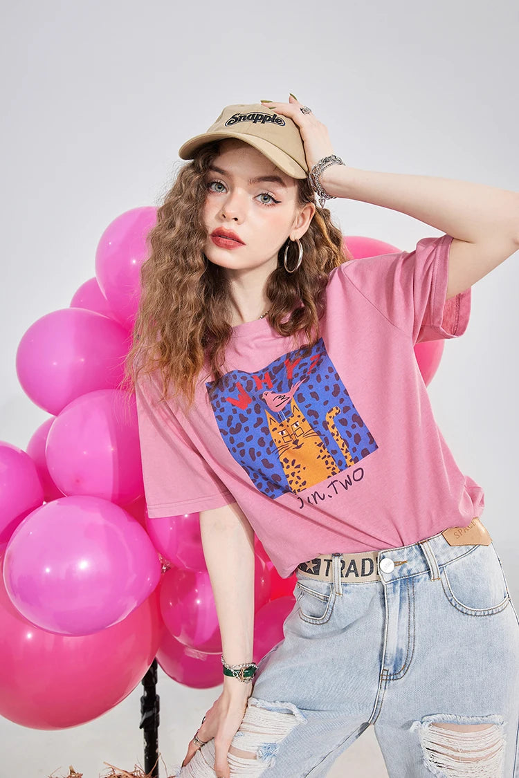 Cartoon Cat Print T-Shirt for Women, Cute Graphic Tee with Fun Text Detail, Casual Pink Summer Top for Daily Outfits