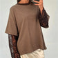 Women Fake Two Piece Striped T Shirt Oversized Short Sleeve Top Sheer Floral Lace Flare Long Sleeve Underlayer Loose Tee