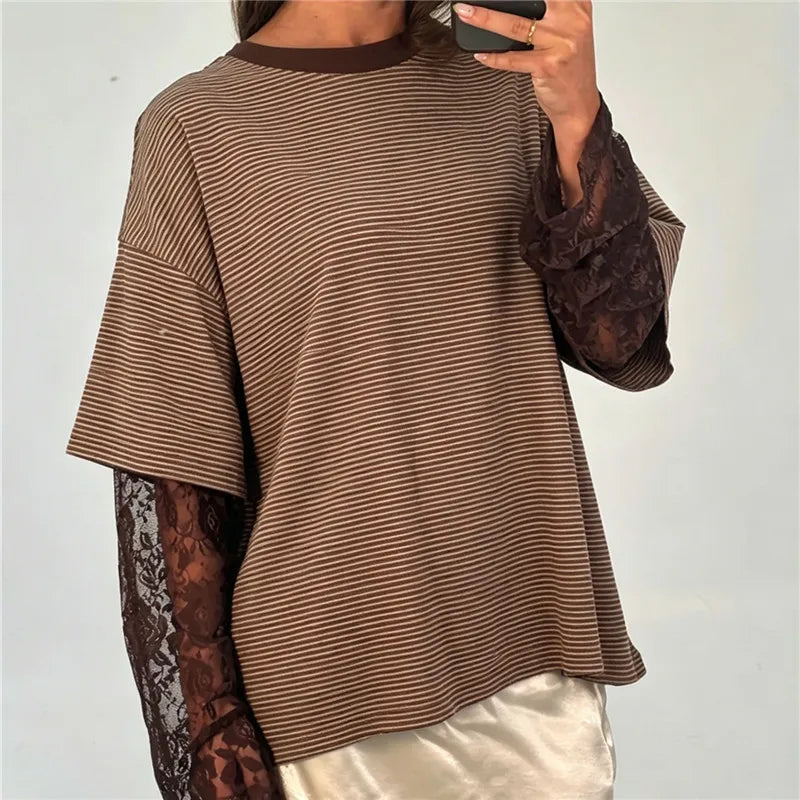 Women Fake Two Piece Striped T Shirt Oversized Short Sleeve Top Sheer Floral Lace Flare Long Sleeve Underlayer Loose Tee