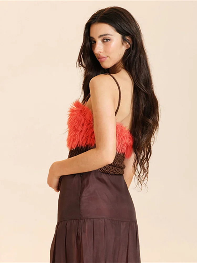 Knit Furry Tank Tops Women Sweet V-Neck Contrast Patchwork Rolled Hem Vacation Midnight Party Club Basic Slim Vest