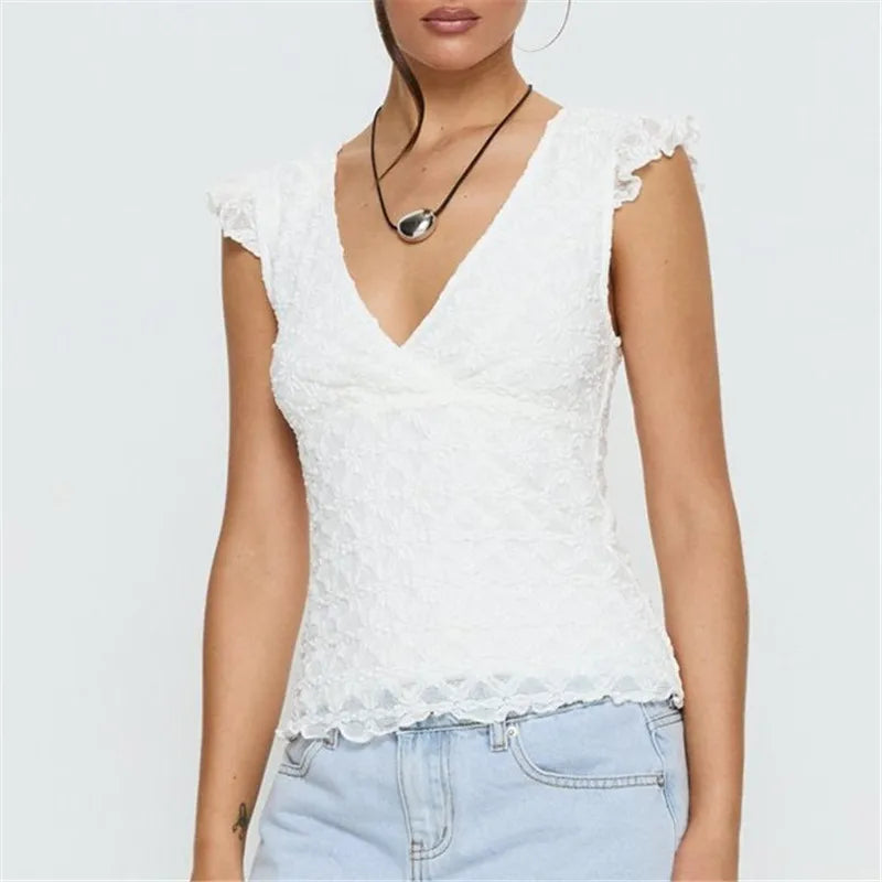 Women Summer White Lace V Neck Cami Top Ruffle Trim Cap Sleeve Slim Fit Crop Top Elegant Party Clubwear Y2K Streetwear