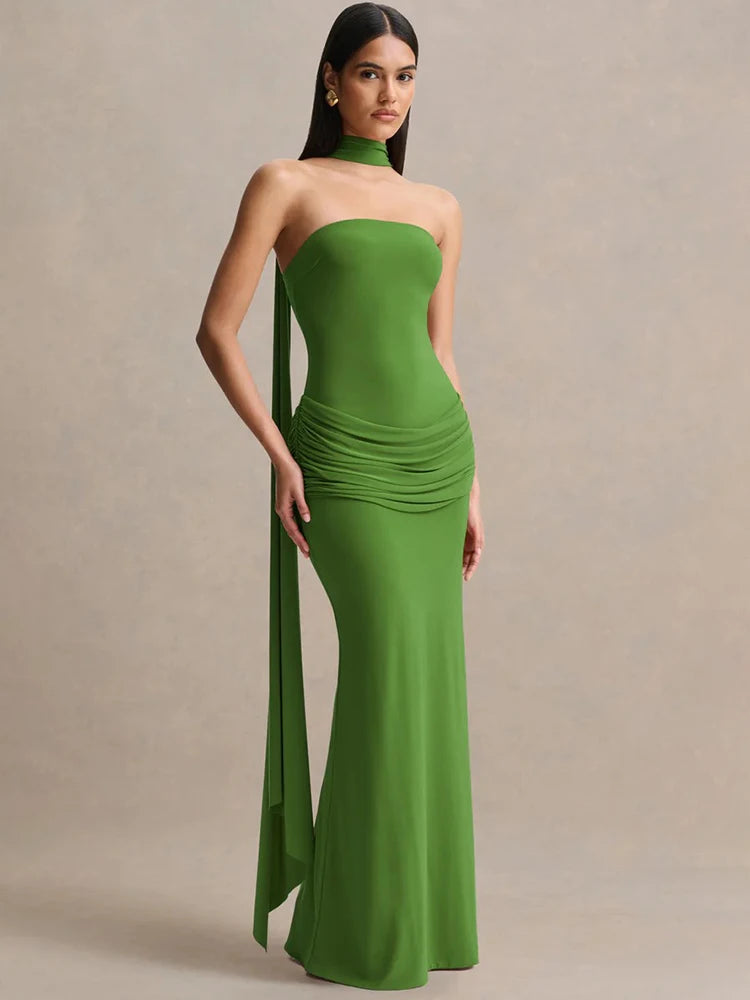 Women Strapless Mermaid Sexy Maxi Dress Detachable Choker Neck Tie Ruched Waist Bodycon Long Evening Party Dress