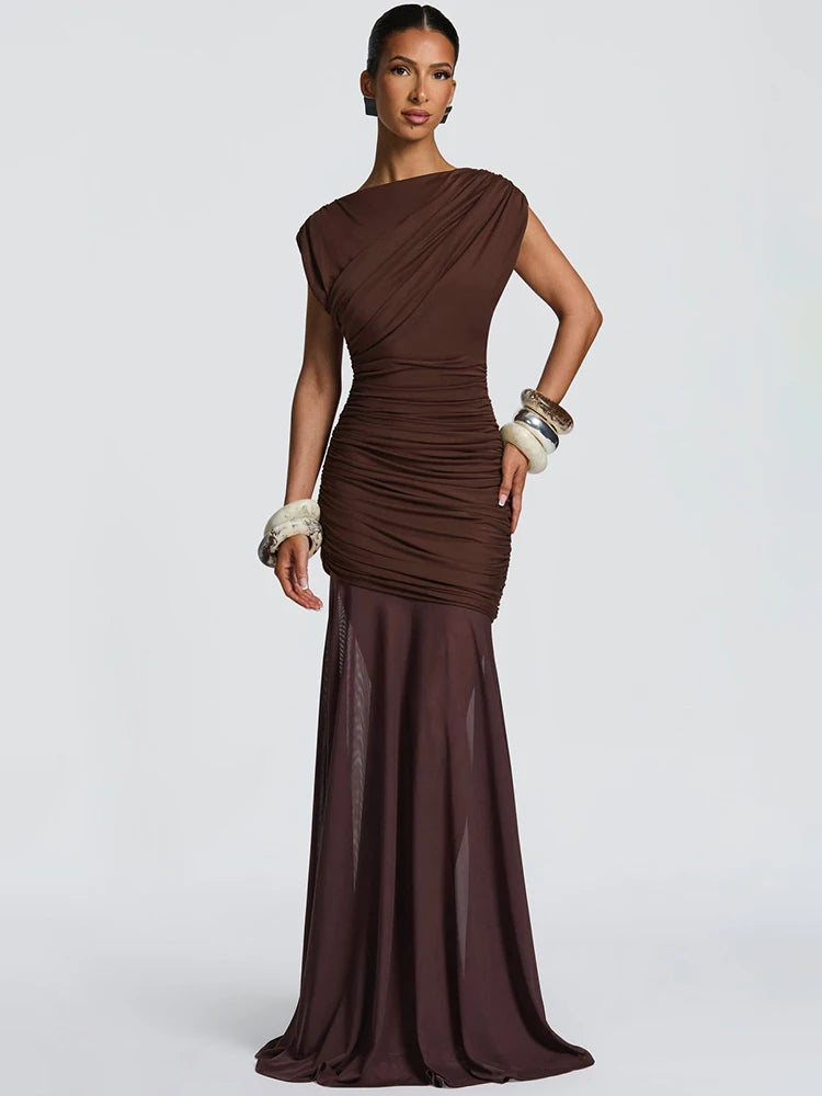 Sleeveless Ruched Sexy Maxi Dress Women Gown Elegant Patchwork Mesh O Neck High Waist Skinny Club Party Long Dresses