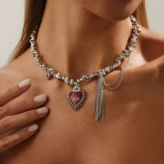 Gothic Metal Peach Heart Eye Tassel Pendant Necklace Trendy Creative Irregular CCB Beaded Halloween Jewelry for Women 2026