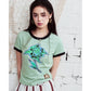 Women's Rose Print Cropped Ringer T-Shirt Color-Block Trim Baby Tee Short Sleeve Casual Fit Top