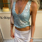 Women Y2K Sequin Mesh Tank Top V Neck Sleeveless See Through Cropped Cami Top Glitter Sequins Beach Party Clubwear