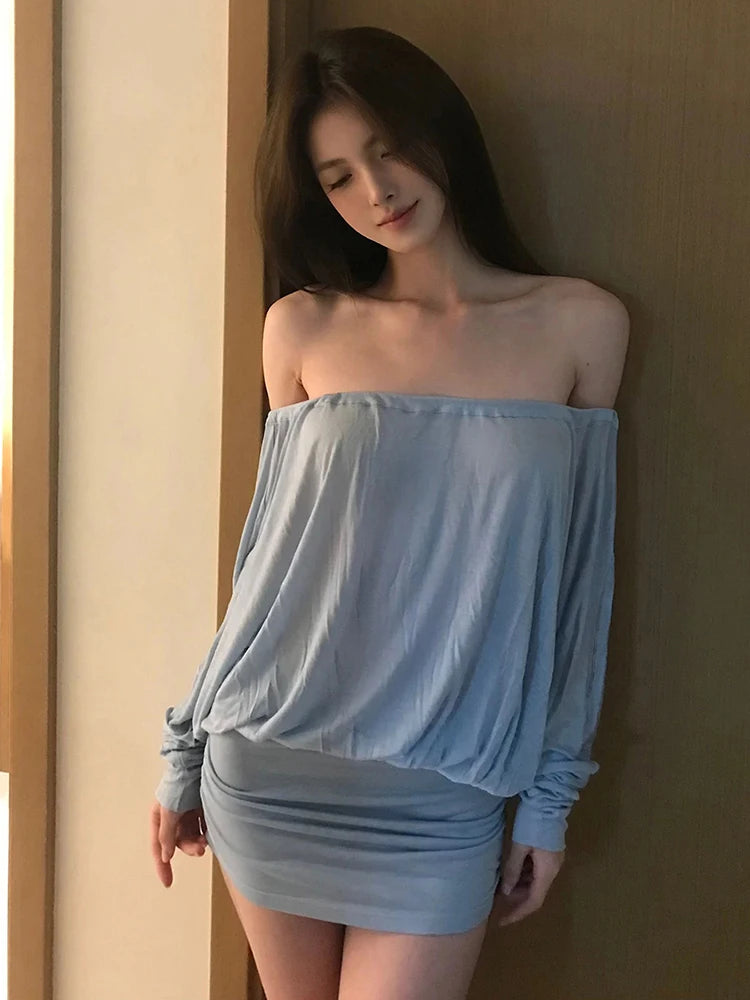 Elegant Slash Neck Dress Women Sexy Bat Sleeve Ruched Backless Bandage Club Streewear Stretch Peach Hip Mini Bodycon