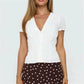 Women Ruffle V Neck Puff Sleeve Blouse Vertical Striped Button Down Cropped Shirt Vintage Slim Fit Casual Short Top