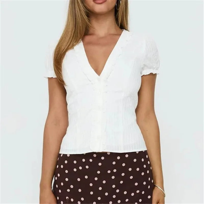 Women Ruffle V Neck Puff Sleeve Blouse Vertical Striped Button Down Cropped Shirt Vintage Slim Fit Casual Short Top