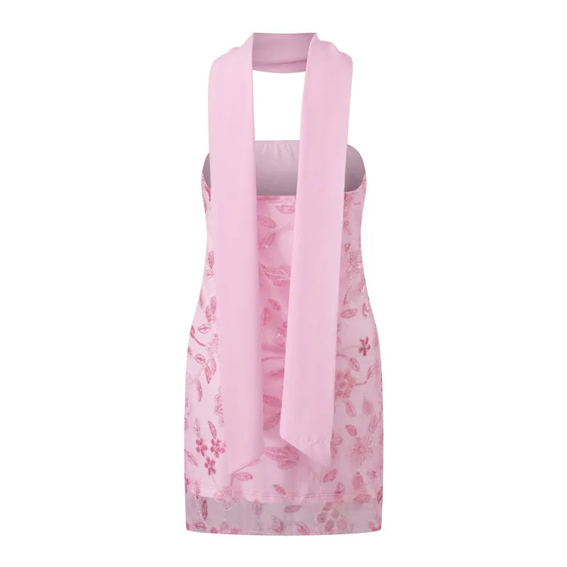 Fashion Women Summer Sequin Mini Bandeau Dress Sleeveless Off Shoulder Flower Embroidery Tube Top Dress with Scarf