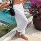 Sheer Mesh Harem Pants for Women with Rhinestone Waistband Low Waist Loose See-Through Beach Cover Up Trousers