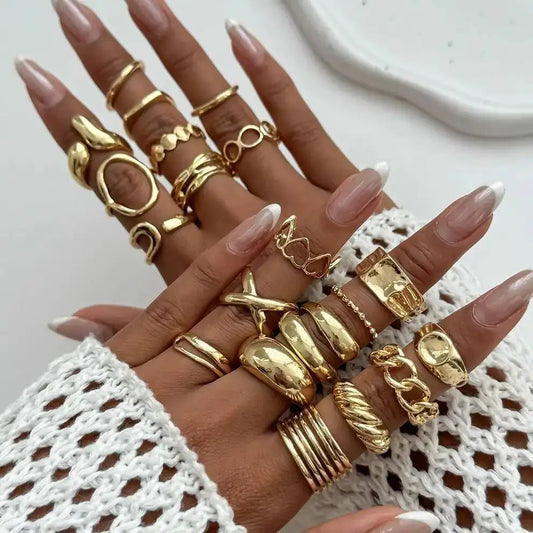 20Pcs/Set Punk Chunky Metal Open Rings Women Trend Vintage Irregular Gold Color Geometric Rings Steampunk Jewelry Men
