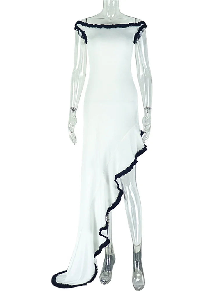 Ruched Elegant Dress Women Patchwork Slash Neck Backless Sleeveless Ruffles Asymmetry Hem Prom Party Long Bodycon