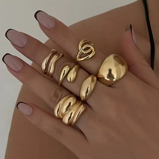 Trendy Exquisite Irregular Geometric Rings Set Women Creative Simple Metal Opening Finger Ring Aesthetics Jewelry Gift