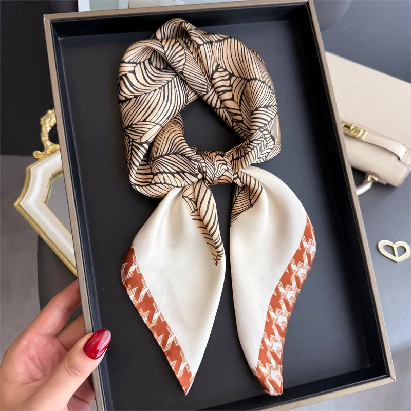 Luxury Floral Print 70cm Square Silk Scarf Women Designer Scarves Bandana Foulard Shawl Hijab Echarpe Hairband Tie Ribbon