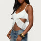 Women Summer White Ruffle Trim Cut Out Cami Top Spaghetti Strap V Neck Layered Crop Top Y2K Party Clubwear