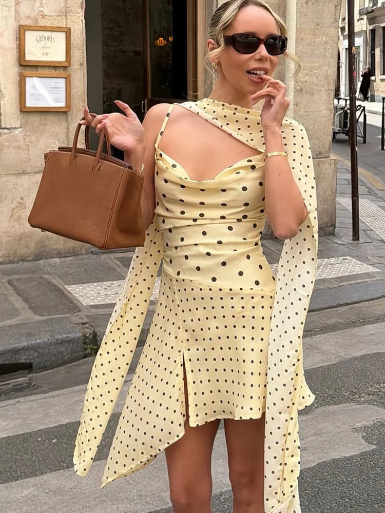 Ruched Elegant Sling Dress + Scarf Woman Polka Dot Print Low-Neck Backless Irregular Hem Street Y2K Style Mini Bodycon