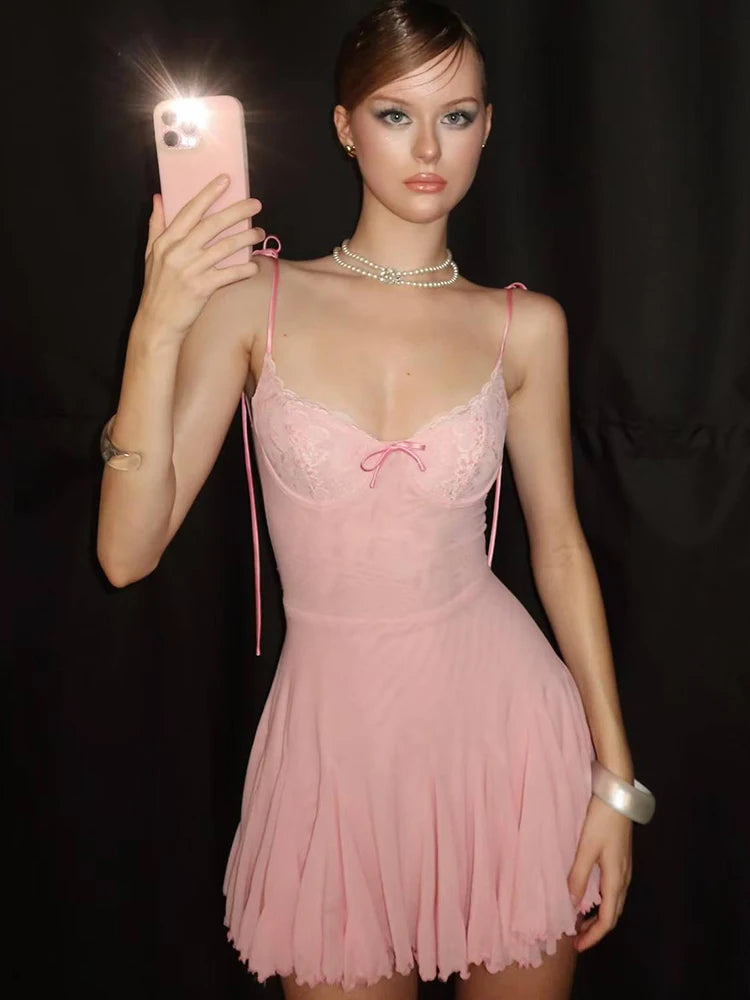 Lace Patchwork Dress Women Backless Bow Lace-Up Sleeveless Thinny Pleated Solid Midnight Clubwear Party Mini Bodycon