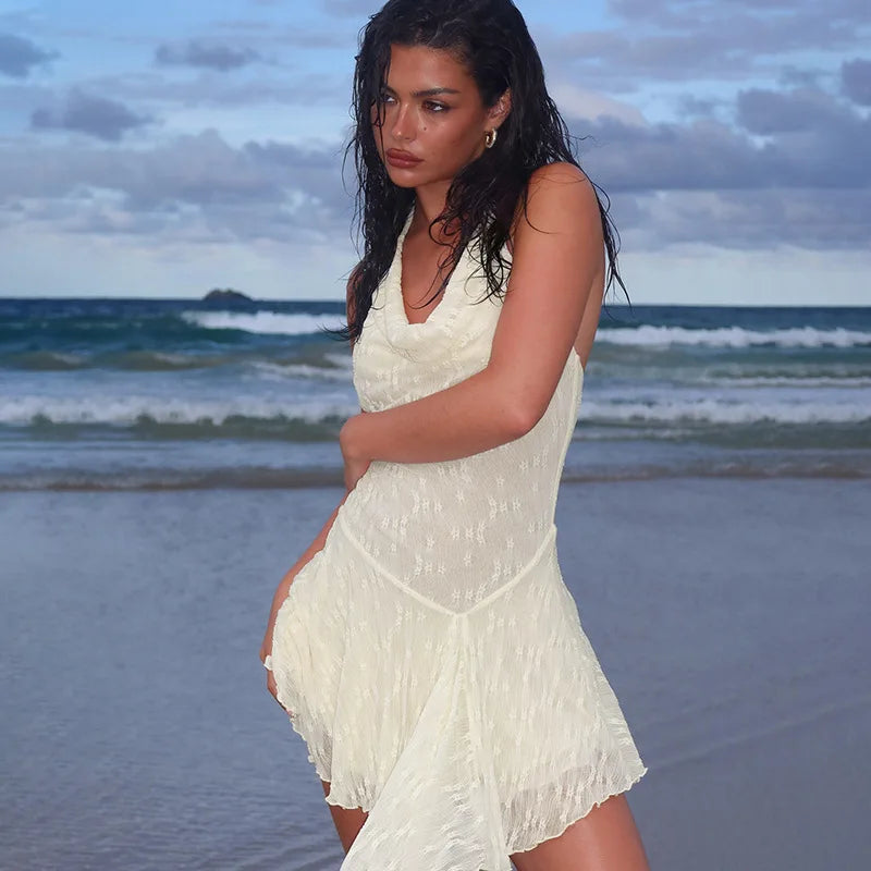 Women Mini Dress Lace Cowl Neck Halter Neck Sleeveless Dress Summer Fashion Backless Dress Holiday Beach Sundress