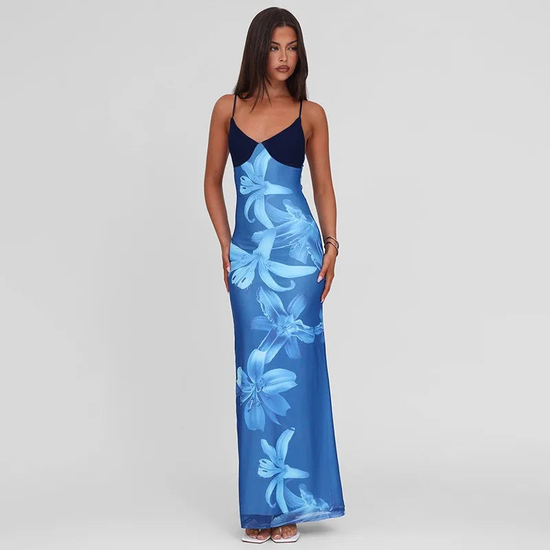 Blue Flower Mesh Elegant Summer Dresses Woman Resort Wear Sexy Spaghetti Strap V-neck Backless Long Dresses