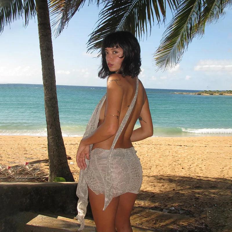 Snake Print Mesh Sexy Summer Dresses Women 2024 Beach Vacation Asymmetric Halter Backless Mini Dress Clubwear