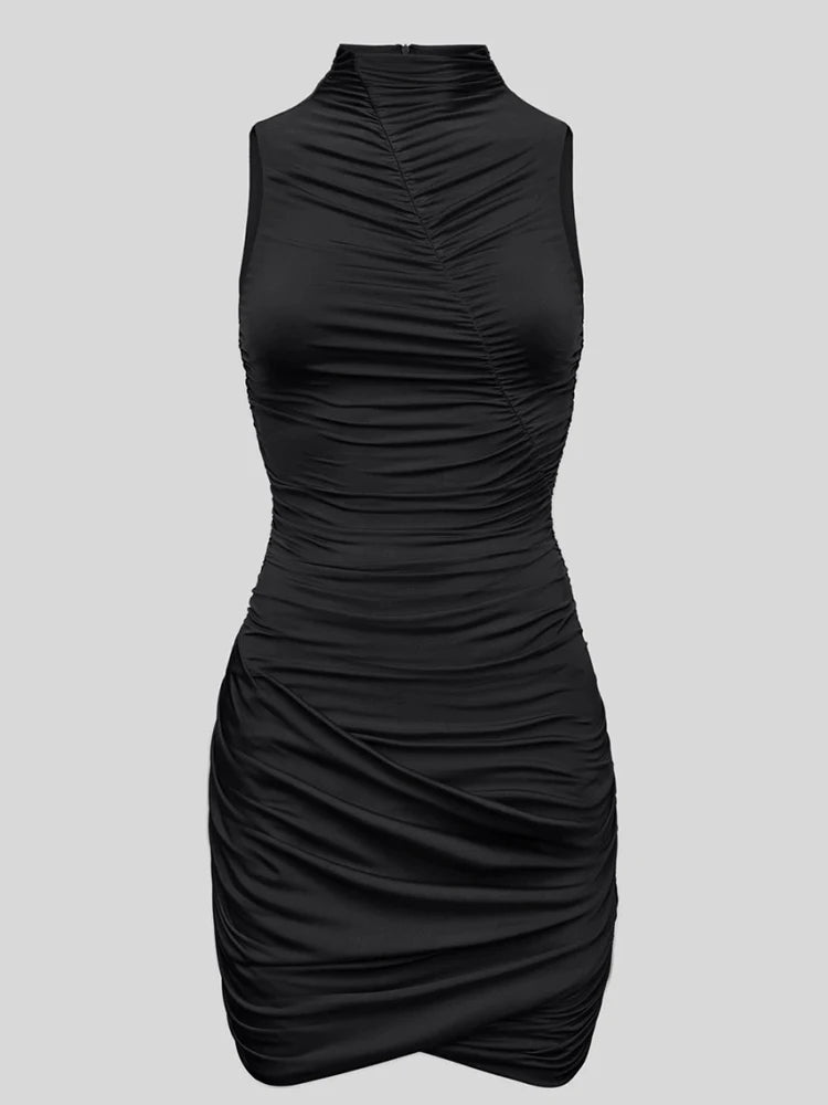 Women Sleeveless Turtleneck Bodycon Mini Dress Diagonal Ruched Wrap Hem Slim Short Dress Elegant Club Night Out Dresses
