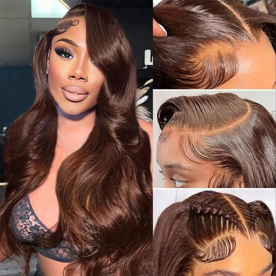 200Density HD Chocolate Brown Body Wave 13x6 13x4 Lace Frontal Remy Human Hair Wig For Women