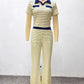 Trend Striped Print 2 Piece Set Women Casuals Color Blocking Turn Down Collar Short Sleeve T-Shirt+Pants Street Suits