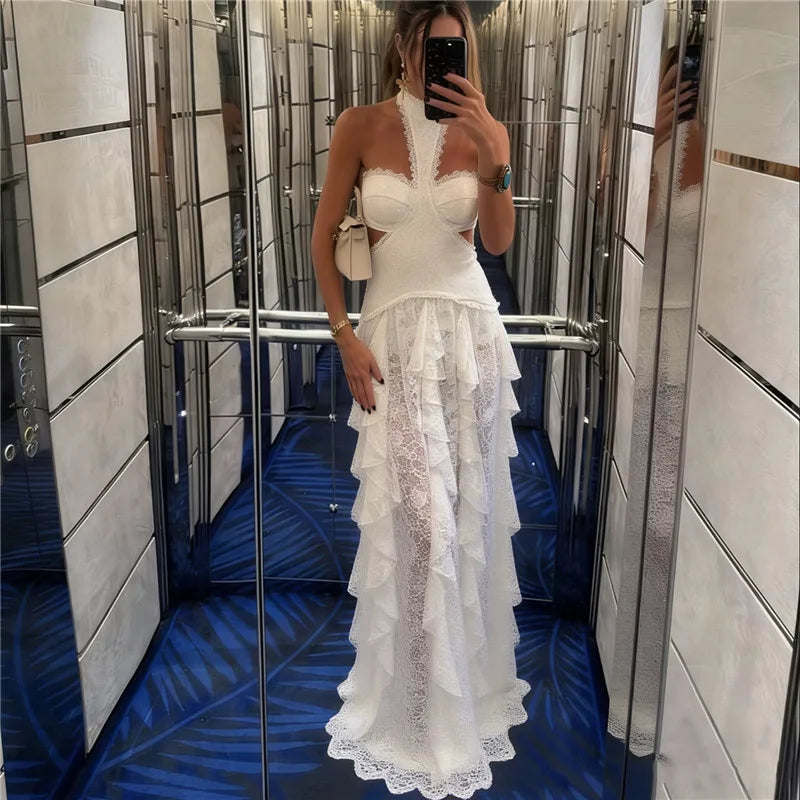 Backless Halter Neck Lace Maxi Dress Cutout Waist Tiered Ruffle Sheer Long Skirt Slim Evening Club Party Vacation Dress