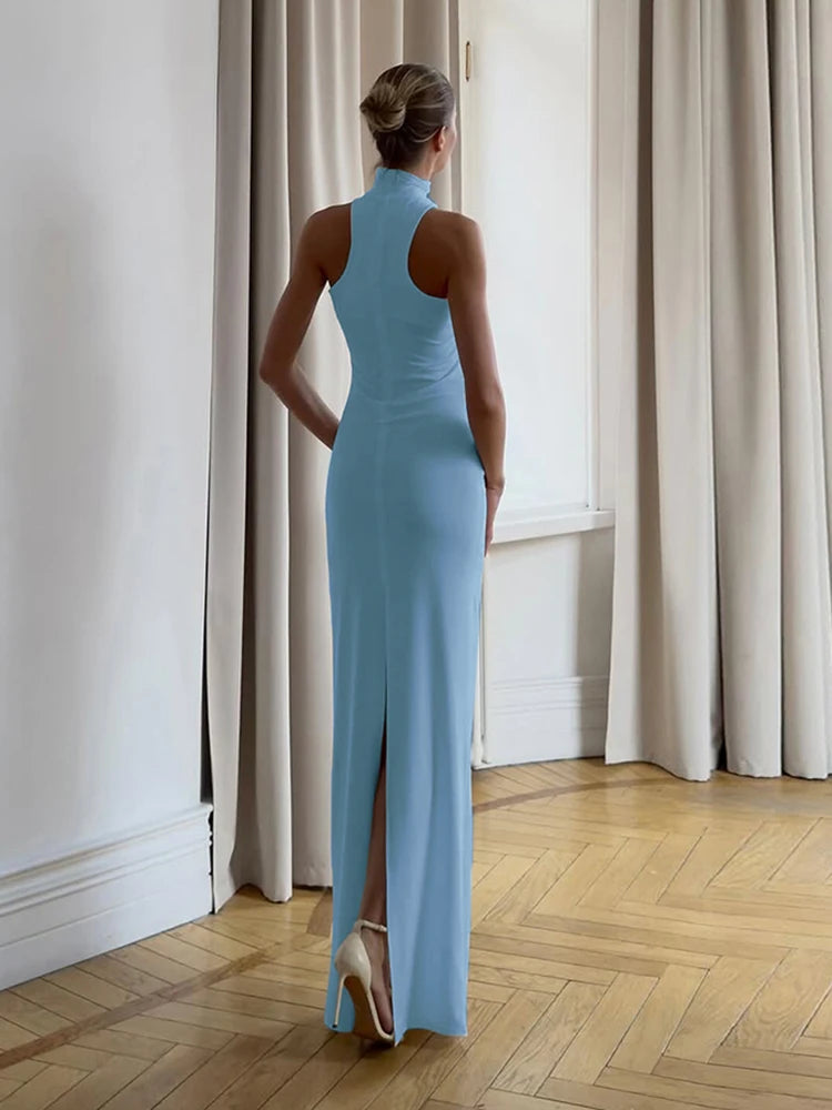 Backless Dress Women Elegant Summer Trend Halter Solid Folds Metal Knots Sleeveless Sexy Slim Banquet Party Bodycon