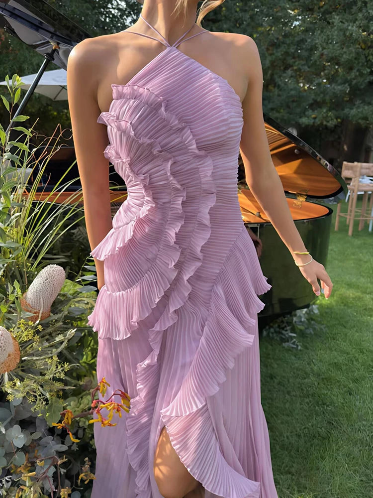 Elegant Off-shoulder Ruffle Sexy Maxi Dress Women Fashion Halter Sleeveless Backless Draped Pleated Club Party Dress