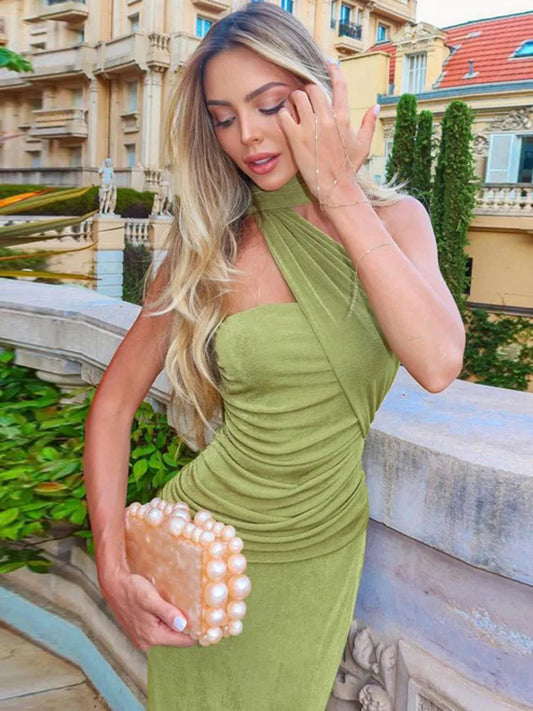 Halter Strapless Sexy Maxi Dress For Women Fashion Green Off-shoulder Backless Sleeveless Bodycon Elegant Long Dress