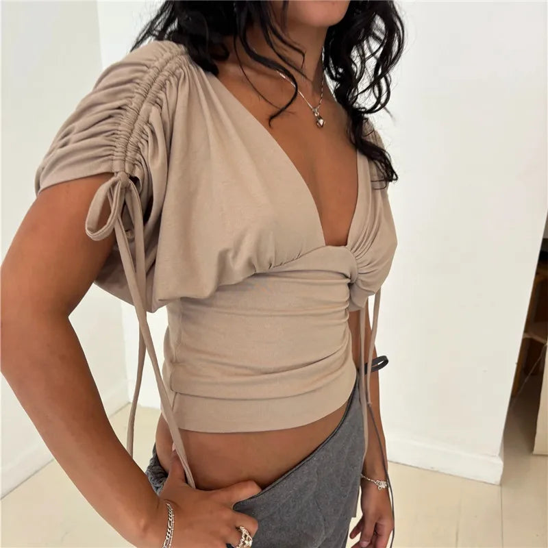 Y2K Deep V Neck Ruched Drawstring Sleeve Top Women Short Sleeve Backless Slim Fit Casual Streetwear Party Blouse