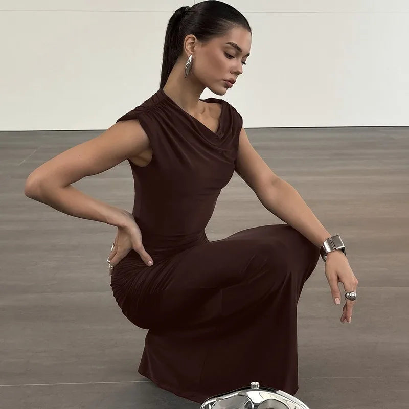 One Shoulder Fishtail Long Maxi Dresses Brown Elegant Dresses Woman