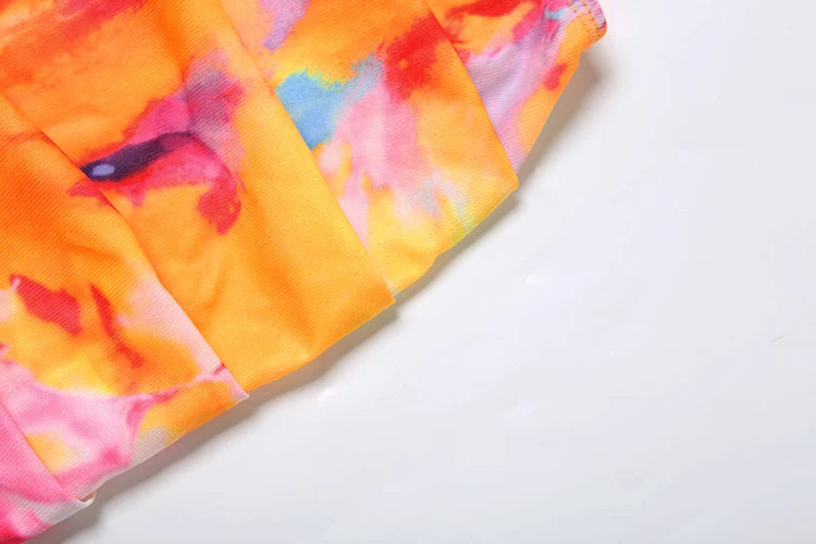 Colorful Print Strapless Dress Women Thin Irregular Multilayer Mesh Side Knot Hollow Beach Vacation Club Mini Bodycon