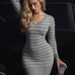 Grey Striped Sweater Dresses for Woman Elegant Fall Winter V Neck Long Sleeve Knit Mini Dress